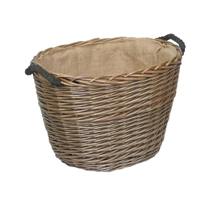 Medium oval log basket with rope handles and hessian lining